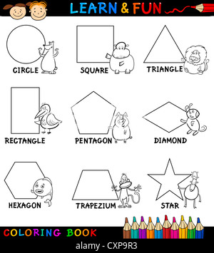 Cartoon Coloring Book or Page Illustration of Basic Geometric Shapes with Captions and Animals Comic Characters Stock Photo