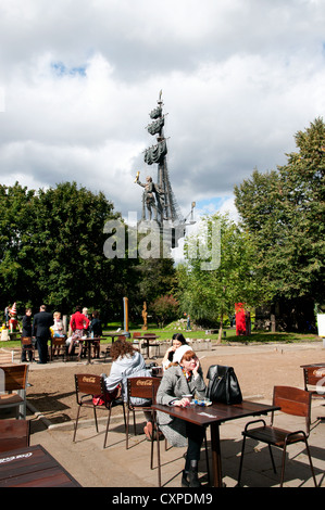 Cafe in the sculpture park with monument of Czar Peter the Great, Moscow, Russia. Stock Photo