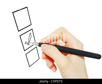 Hand with pen and check boxes isolated on white Stock Photo