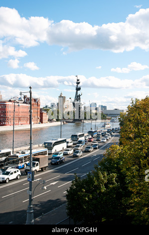 Road along the river Moskva near Kremlin, with monument from Czar Peter the Great, Mosow, Russia. Stock Photo