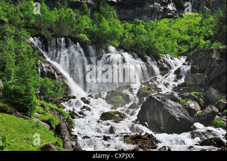 The Siebenbrunnen Falls ('Seven Springs') near Lenk in the Swiss canton of Bern. The source of the Simme River Stock Photo