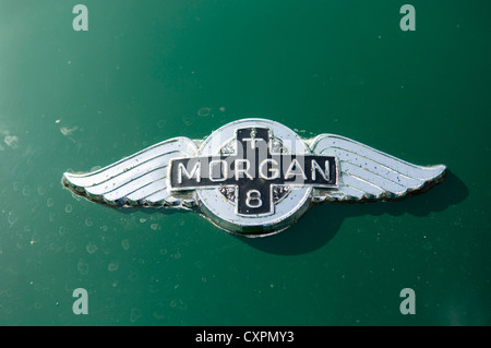 Sign on bonnet of an old Morgan plus eight sports car. Stock Photo