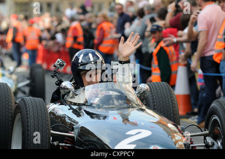 Damon Hill driving his father Graham Hill's favourite car 'Old Faithful' during the BRM Celebration Day in Bourne, Lincolnshire Stock Photo