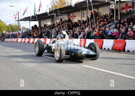 Damon Hill driving his father Graham Hill's favourite car 'Old Faithful' during the BRM Celebration Day in Bourne, Lincolnshire Stock Photo