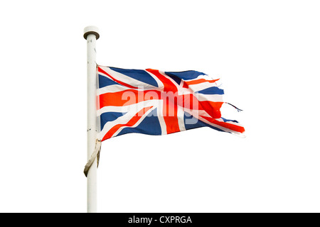 Ragged and frayed union flag (Union jack) against a pure white (cut out) background Stock Photo
