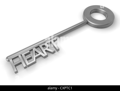 3D render of a silver key with the word HEART - Concept image Stock Photo