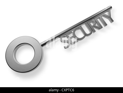 3D render of a silver key with the word SECURITY - Concept image Stock Photo