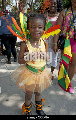 USA: Brooklyn, New York: Group from Guyana prepare to march in the Caribbean Kiddies Day parade, Crown Heights, 2012. Stock Photo