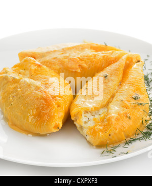 Large Pasta Shells Filled With Ricotta, Mozzarella And Parmesan Cheese. Stock Photo