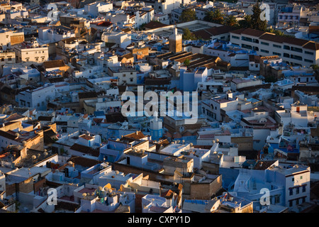 Overview of houses on the Riff Mountains, Chefchaouen, Morocco Stock Photo