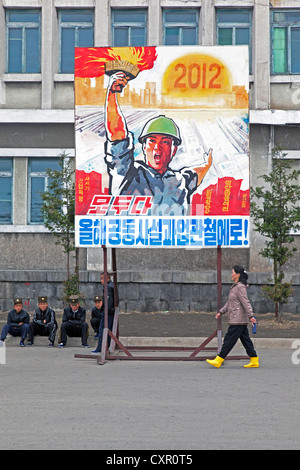 Democratic Peoples's Republic of Korea (DPRK), North Korea, East Sea of Korea, Wonsan City, propaganda poster Stock Photo