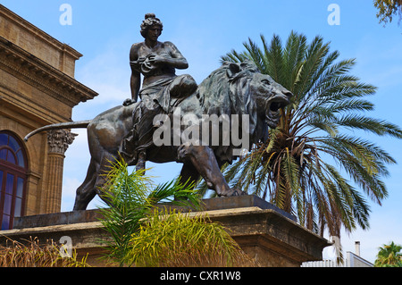 Metallic lion sculptureat the entrance of Teatro Massimo in Palermo,Sicily Stock Photo