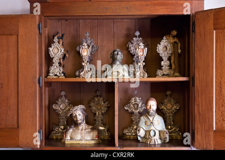 Saints Reliquaries containing bones in the Sacred Art Nucleus. Mafra National Palace, Convent and Basilica in Portugal. Stock Photo