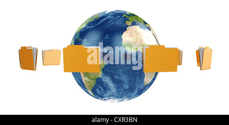 3d illustration of Earth globe with flying folders around Stock Photo