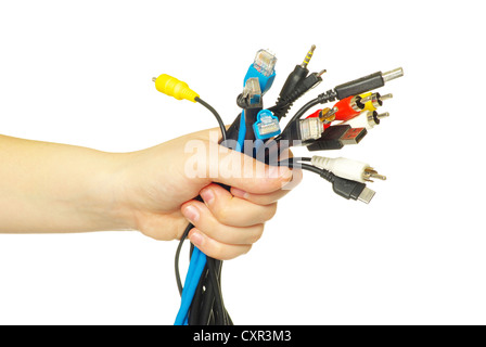 Computer cables in hand isolated on white background Stock Photo