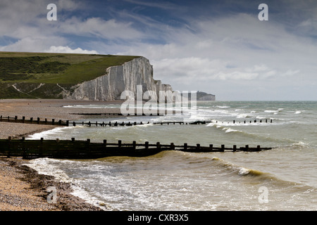 Beach in front of the Seven Sisters chalk cliffs at Cuckmere Haven, East Sussex, England, UK Stock Photo