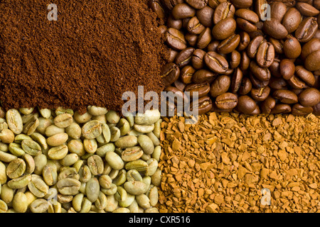 green, roasted, ground and instant coffee background Stock Photo
