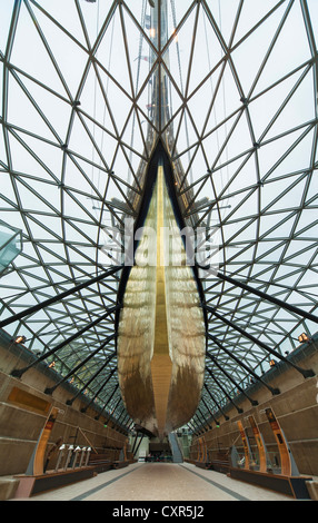 The Cutty Sark ship on display securely suspended from cantilevers in dry dock.Greenwich London Stock Photo