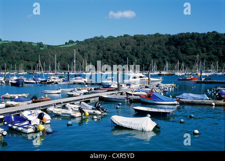 River estuary at Dartmouth, Devon, in the West Country, Southern England, with jetty and boats Stock Photo