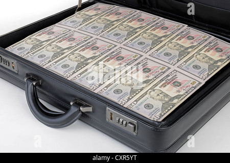 Suitcase full of money, 50 dollar bills Stock Photo