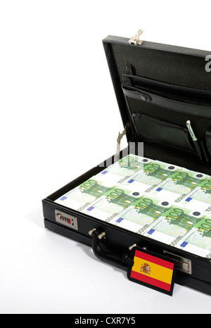 Symbolic image for European countries at risk, 100-euro banknotes in a briefcase, suitcase of money, luggage tag with a Spanish Stock Photo