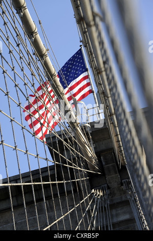 Brooklyn Bridge, detail view, bridge piers with the American national flag, Manhattan, New York City, New York, USA Stock Photo