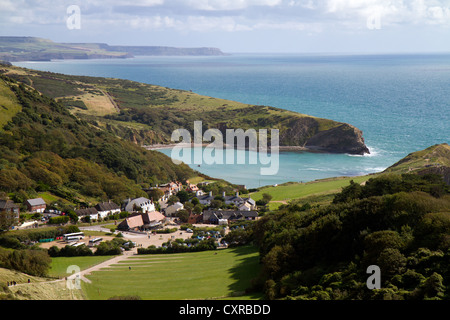 Lulworth Cove Dorset from the South-West coastal path.  Part of the famous Dorset and East Devon Jurassic Coast . Stock Photo