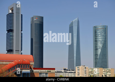 Cuatro Torres Business Area, formerly the Madrid Arena, with four skyscrapers, Torre Caja Madrid, formerly the Repsol Tower, Stock Photo