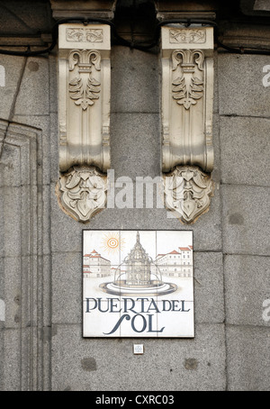Street sign made from tiles, Plaza Puerta del Sol square, Madrid, Spain, Europe, PublicGround Stock Photo