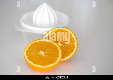 Orange sliced in half with a plastic juicer Stock Photo