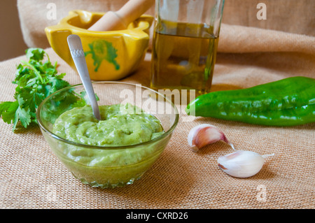 Green mojo with ingredients. Canary Islands, Spain. Stock Photo