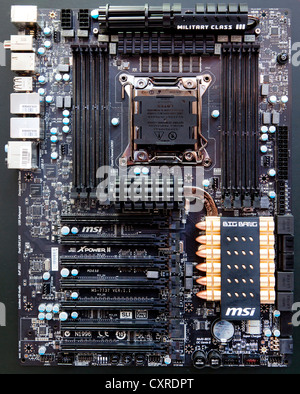 Mainboard, motherboard of a computer produced by the Taiwanese electronics manufacturer MSI, CeBIT international computer expo Stock Photo