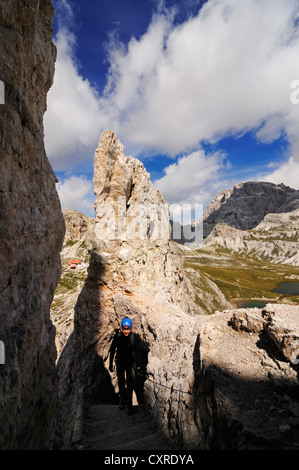 Teenager climbing on the Paternkofel fixed rope route, Hochpustertal valley, Dolomites, Province of Bolzano-Bozen, Italy, Europe Stock Photo