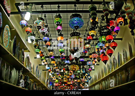 Hanging colorful electric turkish glass lanterns lamps in a shop,istanbul,turkey Stock Photo