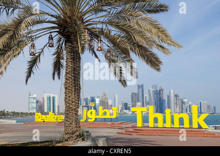 Letters, sculpture, 'Realize, ' 'Think', Al Corniche waterfront promenade, Doha, Qatar, United Arab Emirates, Middle East Stock Photo