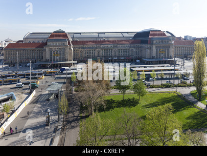 Central railway station and its forecourt, Leipzig, Saxony, Germany, Europe Stock Photo
