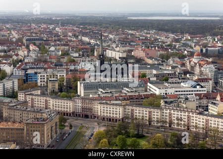 City panorama from the City-Hochhaus building, MDR Tower, looking south over St. Peter's Church, Leipzig, Germany, Europe Stock Photo
