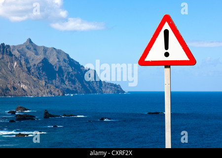 Warning sign on a cliff, northeastern Tenerife, Canary Islands, Spain, Europe Stock Photo