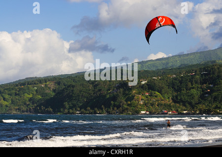 Kitesurfers, Mahina Venus Point, Tahiti, Society Islands, French Polynesia, Pacific Ocean Stock Photo