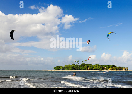 Kitesurfers, Mahina Venus Point, Tahiti, Society Islands, French Polynesia, Pacific Ocean Stock Photo