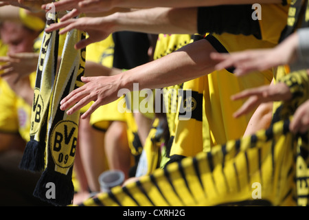 Fans of football club Borussia Dortmund, during the match 1. FC Kaiserslautern vs Borussia Dortmund, Fritz-Walter-Stadium Stock Photo