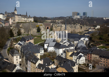 View of Luxembourg's Grund quarter, Bock Rock with casemates and the European Quarter, Luxembourg, Europe Stock Photo