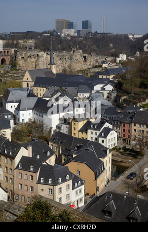 View of Luxembourg's Grund quarter, Bock Rock with casemates and the European Quarter, Luxembourg, Europe Stock Photo