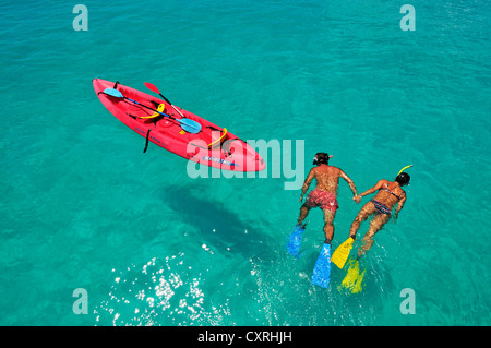 Snorkellers, Bora Bora, Leeward Islands, Society Islands, French Polynesia, Pacific Ocean Stock Photo