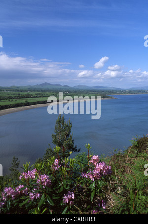 Llanbedrog beach and mountains of Llŷn Peninsula from summit of Mynydd Tir-y-Cwmwd Gwynedd North Wales UK Stock Photo