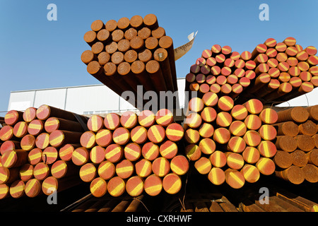 Round steel bars with coloured markings, storage yard of a steel trader, Port of Neuss-Duesseldorf, Duesseldorf Stock Photo