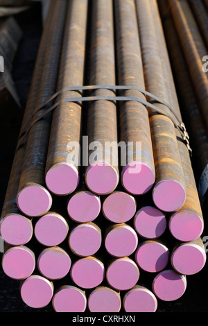 Round steel bars with coloured markings, storage yard of a steel trader, Port of Neuss-Duesseldorf, Duesseldorf Stock Photo