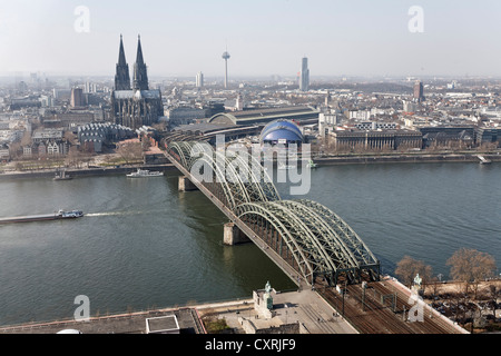Cologne Cathedral and Hohenzollernbruecke bridge, as seen from Koelntriangle office tower, Cologne, North Rhine-Westphalia Stock Photo