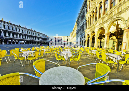 Chairs and tables outside the Cafe Quadri, Piazza San Marco, St. Mark's Square, Venice, Venezia, Veneto, Italy, Europe Stock Photo
