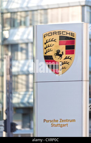 Board with the Porsche company logo, Porsche Centre, factory building, Stuttgart-Zuffenhausen, Baden-Wuerttemberg Stock Photo